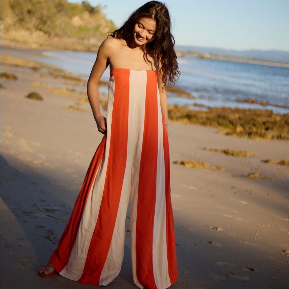 Striped Orange and White Strapless Eden Jumpsuit